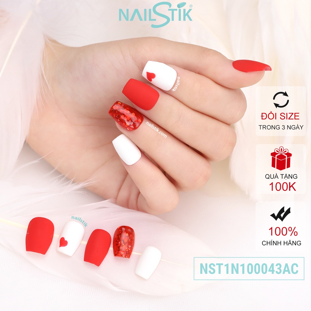 Móng úp thiết kế by NAILSTIK, màu đỏ, form móng coffin, ngắn/dài, 043