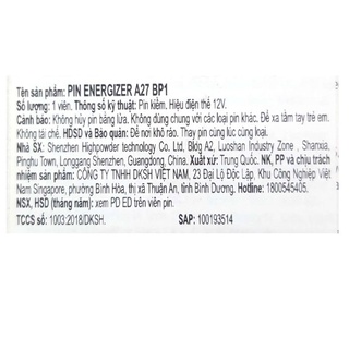 Pin A27 Energizer 12V vỉ 1 viên (pin cửa cuốn)