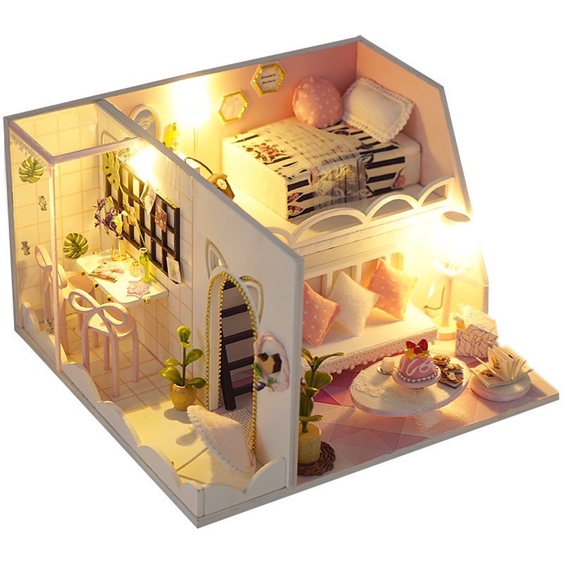 (Tặng mica,keo sữa,đèn)Mô hình đô chơi bé lắp ráp nhà búp bê diy doll house bằng gỗ TD22