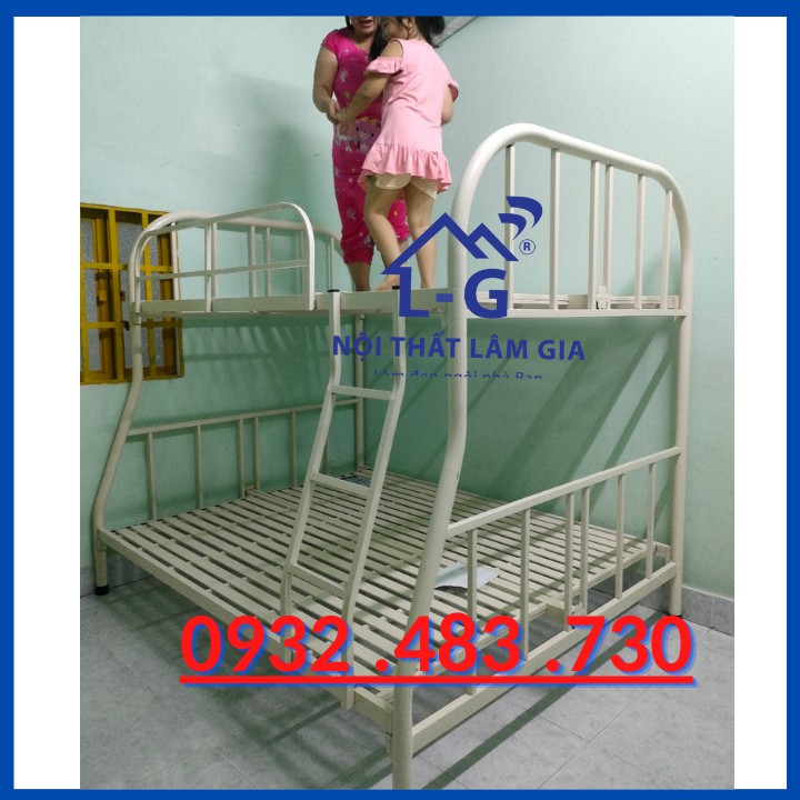 Giường tầng sắt tròn kích thước lớn 1m4-1m6-2m màu kem cho gia đình giá tốt