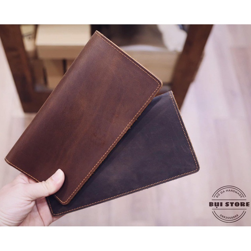 Ví cầm tay nam da bò thật, Ví dài nam da bò sáp ngựa điên Handmade khâu tay thủ công BH 2 năm