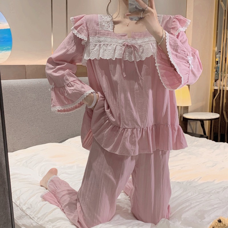 Set bộ thô mặc nhà nữ tay dài phối ren hồng quảng châu tiểu thư
