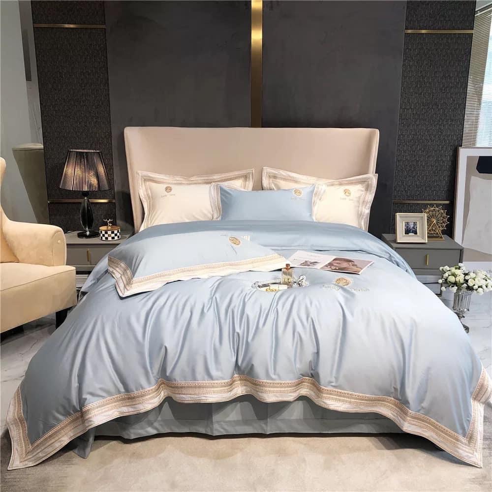 Set chăn ga gối cotton lụa thêu, Bộ 5 món ga gối mền cưới cao cấp tặng vỏ gối ôm