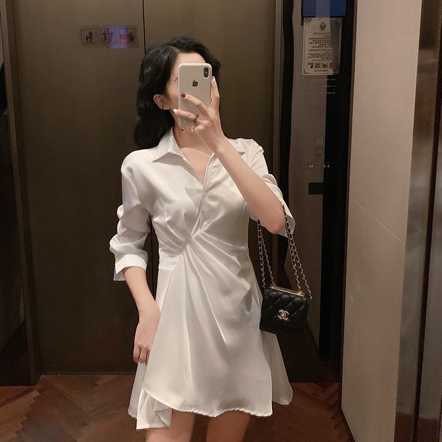 Xiaozhainv Đầm trắng chất Chiffon tay ngắn thiết kế hợp thời trang dành cho nữ | BigBuy360 - bigbuy360.vn