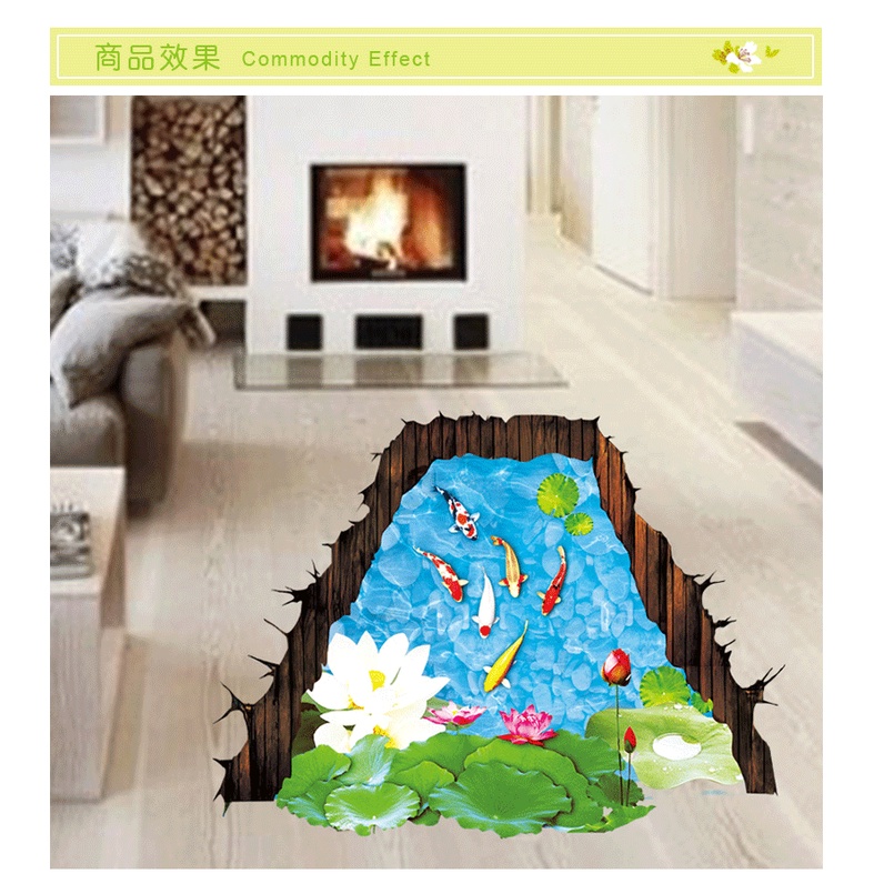 Decan dán tường 3D, tranh dán tường trang trí phòng Ao Sen Cá AY9260