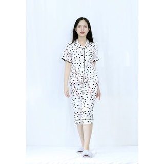 Bộ đồ Pijama nữ lửng L8 tay ngắn quần lửng TRẮNG CHẤM BI IN CHỮ cực xinh