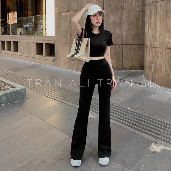 Sét bộ nữ áo kiểu croptop phối quần ống loe năng động cá tính