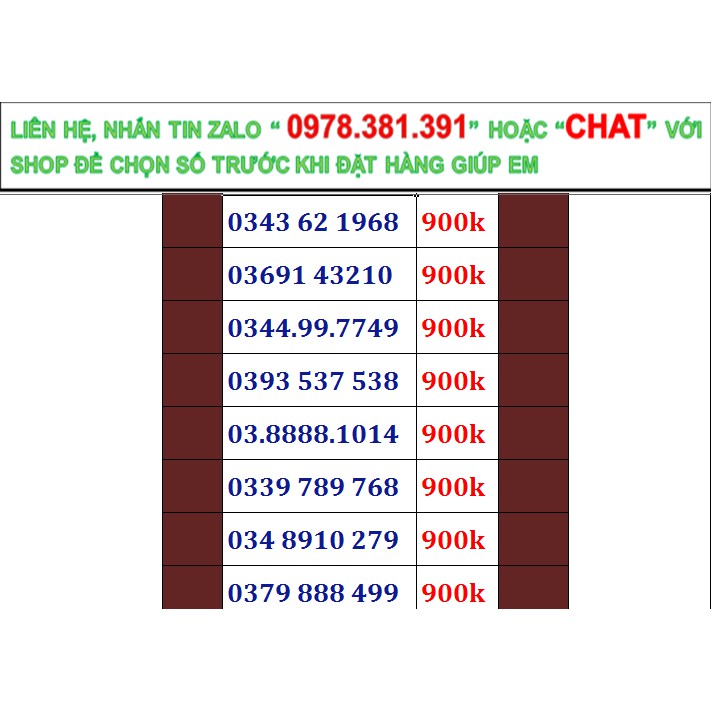 Sim số đẹp viettel đầu 09, 08, 03 đồng giá 900k