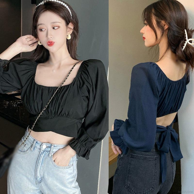 Áo Croptop Tay Dài Cổ Vuông Thiết Kế Hở Lưng Quyến Rũ