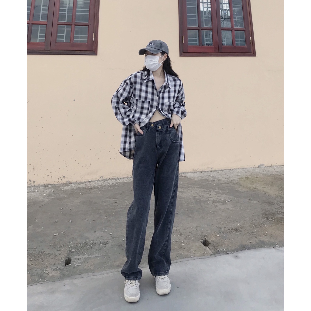 Quần jean nữ [ freeship] quần bò nữ ống rộng cạp chéo dáng suông siêu dài | BigBuy360 - bigbuy360.vn