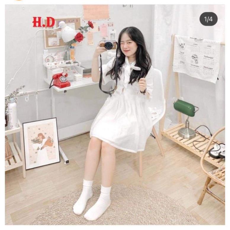Sét váy nữ basic trắng tách rời gồm áo croptop ngắn tay cổ nơ + chân váy xòe cạp chun hai lớp ulzzang vỉntage tiểu thư