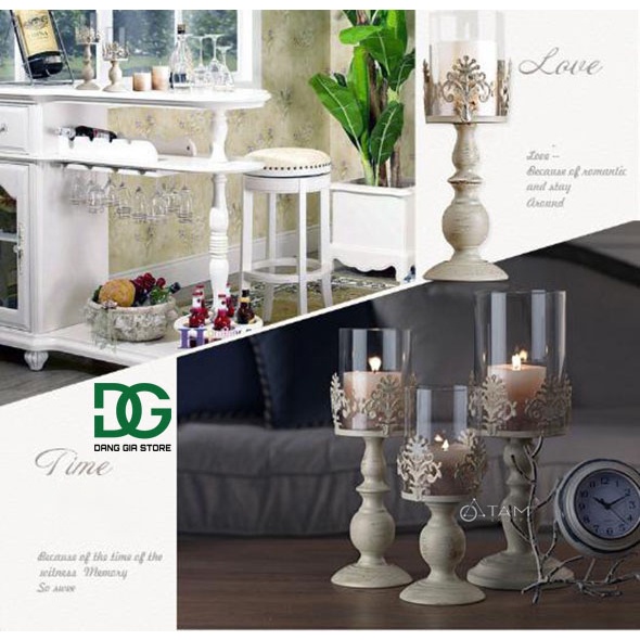 Chân nến để bàn đế trụ lõi kính cổ điển Châu Âu H-CHN-18