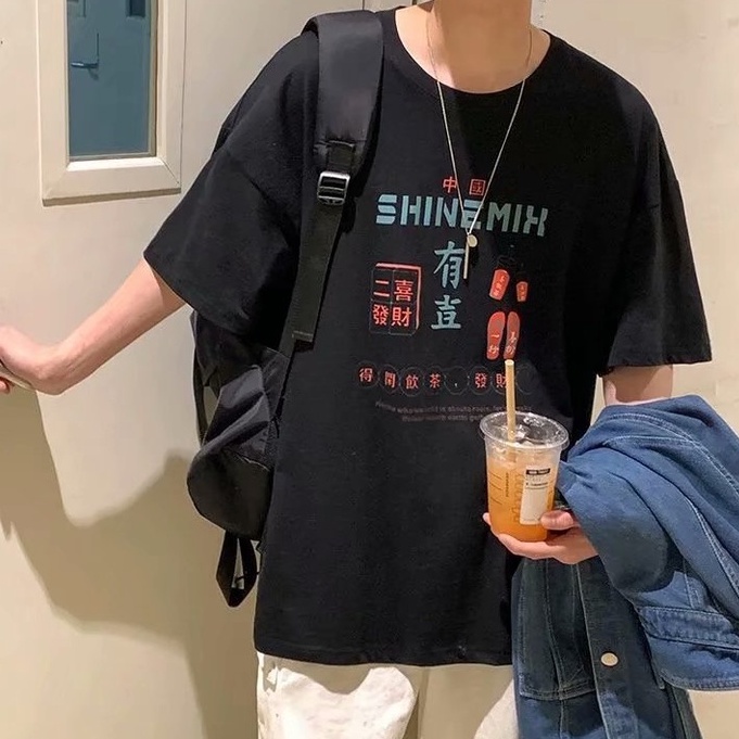 Áo thun tay ngắn dáng rộng in hình graffiti phong cách Hàn Quốc cá tính thời trang mùa hè cho nam