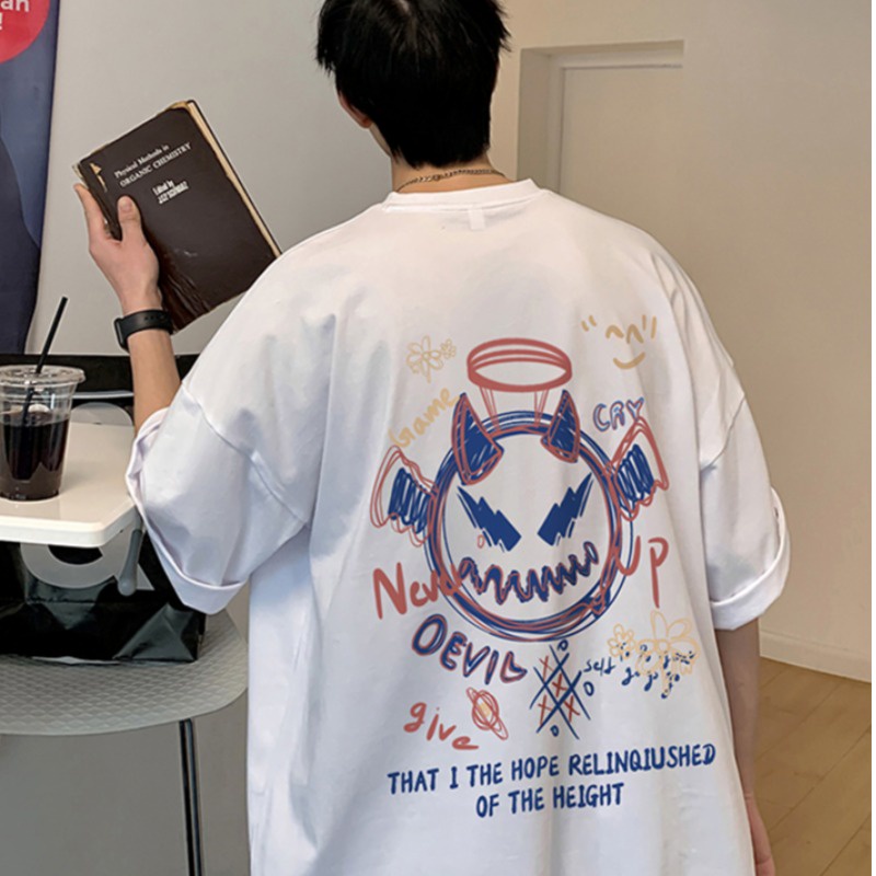 Áo Thun Tay Ngắn Dáng Rộng In Hình Quỷ Nhỏ Sau Lưng 3 Màu Thời Trang Mùa Hè Cho Nam