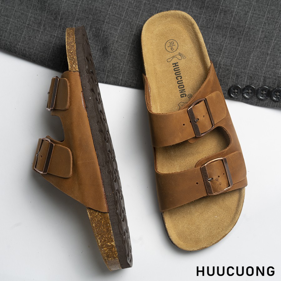 Dép unisex HuuCuong 2 khóa Da Bò nâu đế trấu