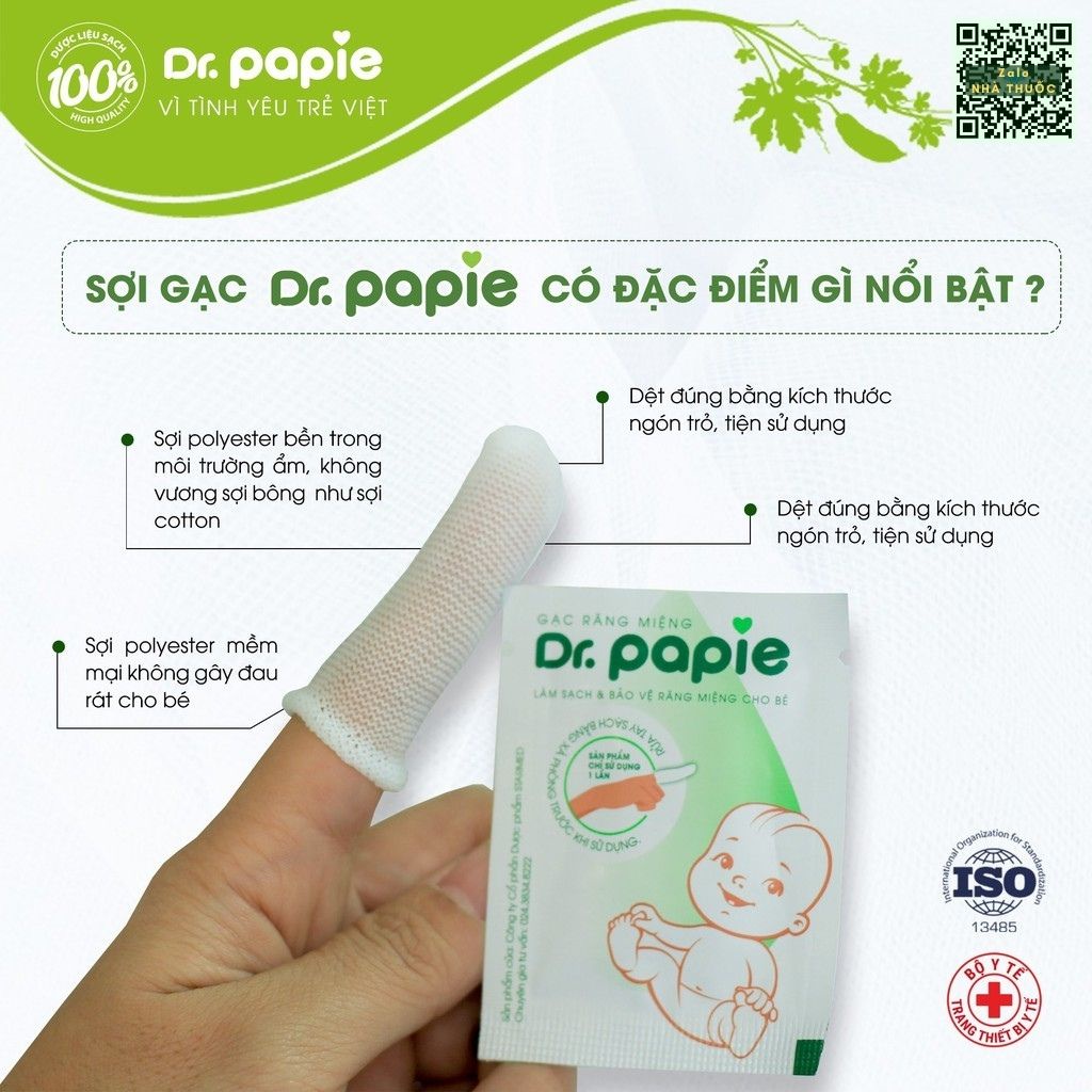 Dr Papie - Gạc rơ lưỡi cho bé Dr Papie - Gạc lau răng, rơ miệng cho bé - Hộp 30 gói