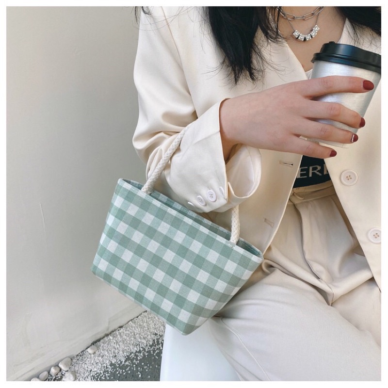 Túi vải canvas cầm tay hàng Quảng Châu kẻ caro nhỏ có khoá kéo tay cầm