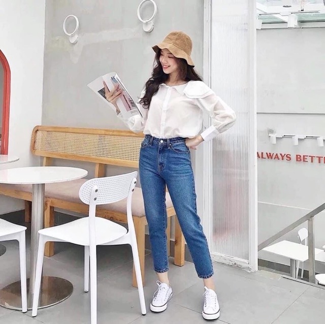 Quần momjeans trơn lưng cao qua rốn