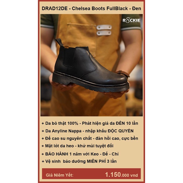 Giày Chelsea Boot Da Nam - da bò thật 100% -  Dr Full Black  - phát hiện giả da đền gấp 10 - DRAD12DE - R8ckie