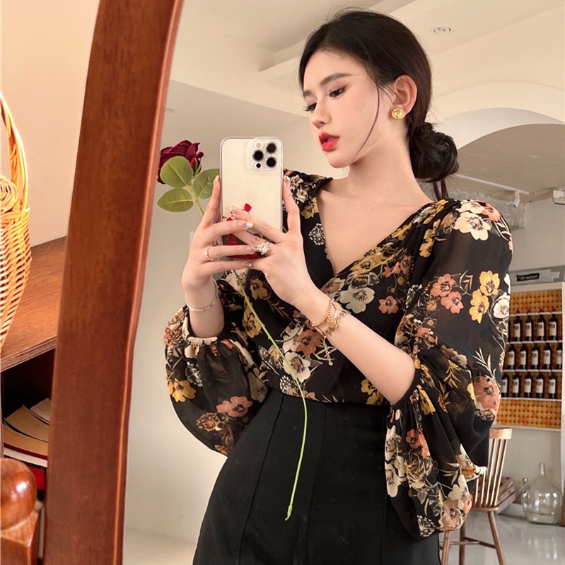 Áo Chiffon Ngắn Tay Phồng In Họa Tiết Thời Trang Mùa Hè Quyến Rũ Cho Nữ