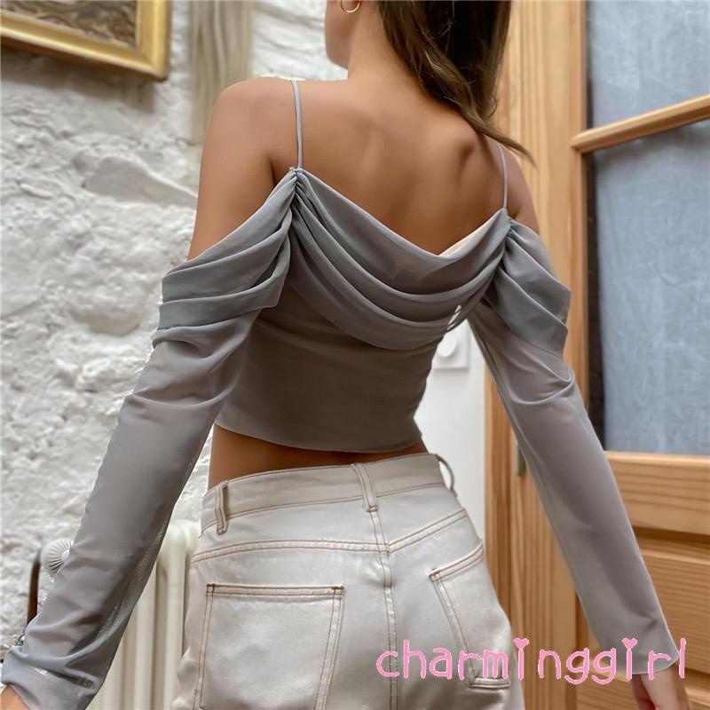 Áo Croptop Trễ Vai Tay Dài Phối Lưới Màu Sắc Trơn Thiết Kế Thanh Lịch Cho Nữ