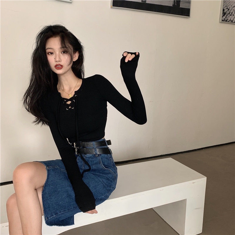 Áo Thun Tay Dài Cổ Chữ V Thiết Kế Thắt Dây Eo Xinh Xắn