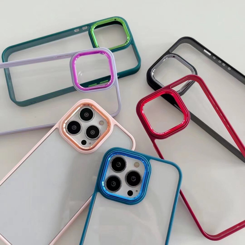 Ốp Điện Thoại Acrylic Mạ Điện Trong Suốt Có Nút Bấm Mạ Điện Cho iPhone 7~14 Pro Max 11 Pro Max 12 Pro Max