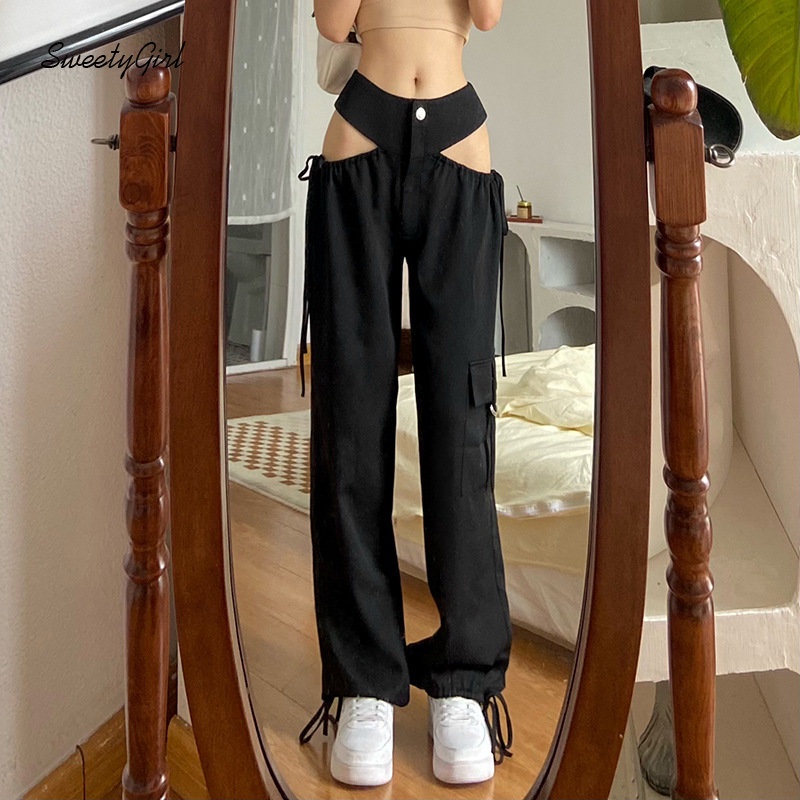 Quần Dài Eo Thấp Màu Đen Trơn Cài Khuy Đơn Giản Thời Trang Đường Phố 2022 Cho Nữ