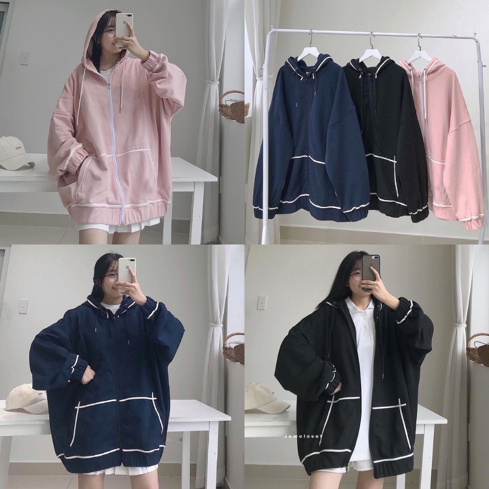 Áo khoác kaki nỉ phối viền tay bồng cánh dơi 3 màu cute form rộng có mũ trùm - Hàng mới về