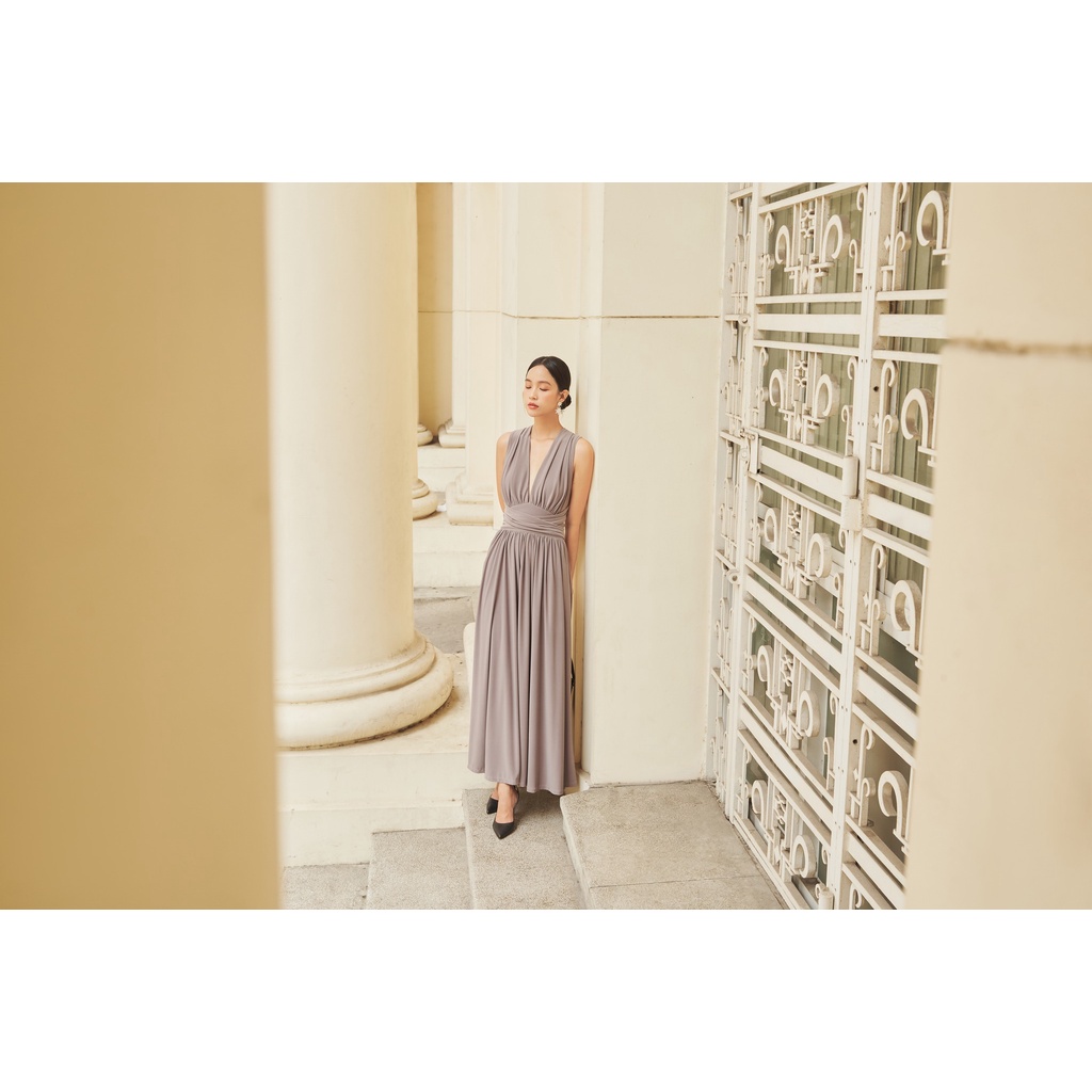 MAVEN - Váy xám dáng dài cột dây cổ Tracy