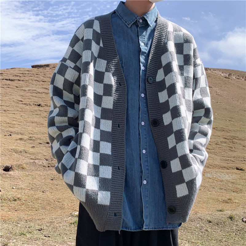 Áo khoác cardigan họa tiết kẻ ô thời trang thu đông cho cặp đôi