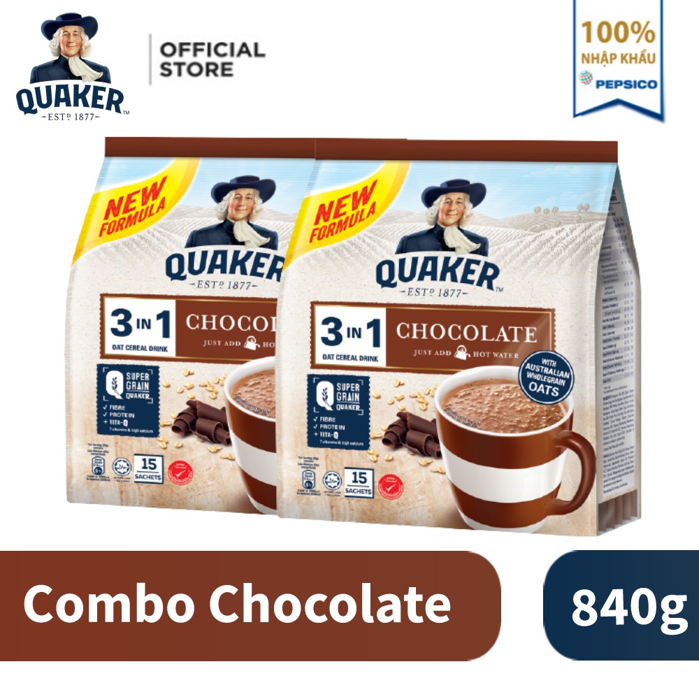 [Mã GRO1APR giảm 20K đơn 150K] Combo 2 Túi Thức uống yến mạch Quaker 3in1 Vị Chocolate 420g/túi
