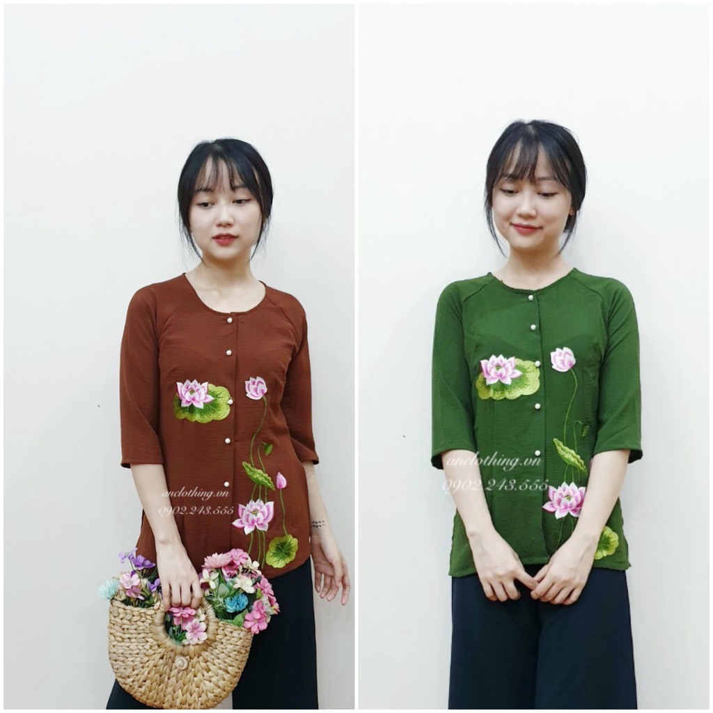 Bà Ba xinh # đồ lam đi chùa # mẫu bà ba vải đũi chun thêu hoa sen 3D # đồ bộ nữ 033 đũi