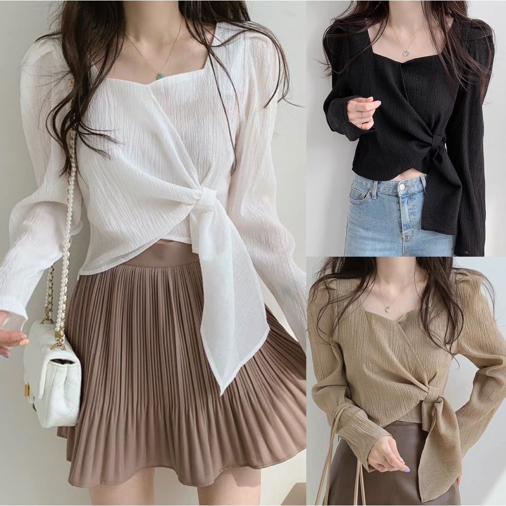 Áo voan mỏng nơ lệch thời trang kiểu Hàn Quốc, Áo Kiểu tơ đũi Nữ dài tay cách điệu ulzzang dáng ngắn