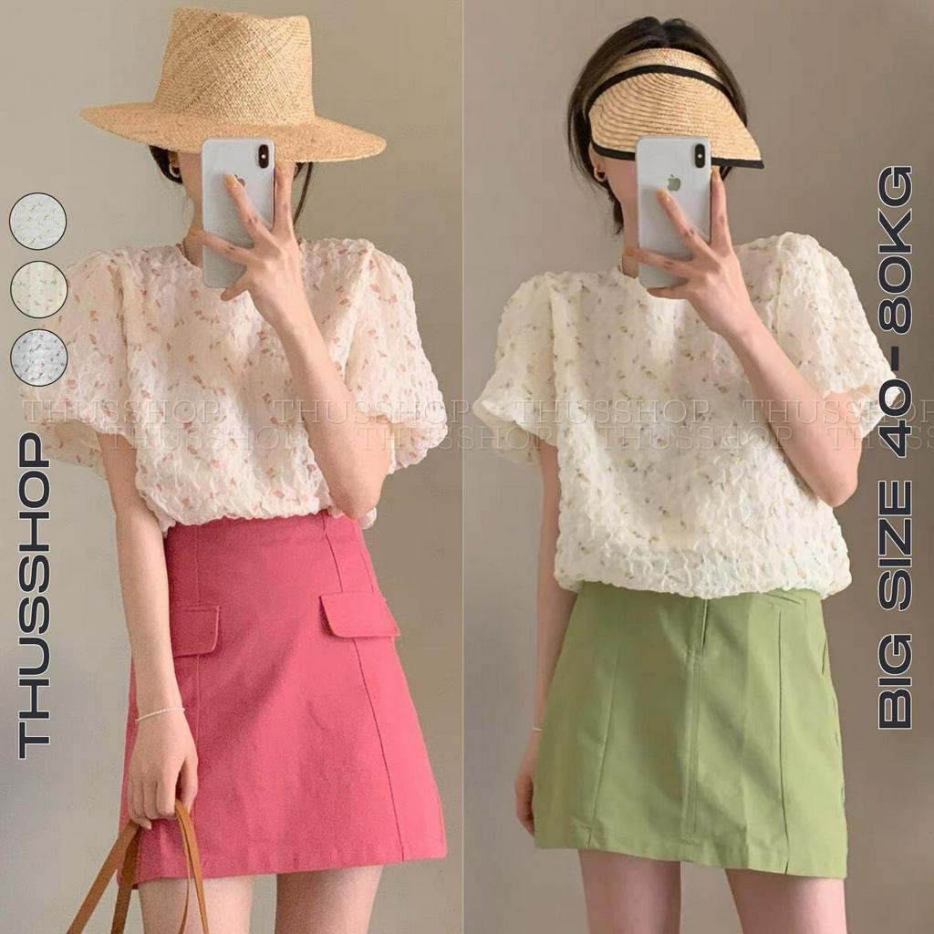 Áo Voan Hoa Nhí Ngắn Tay Bồng 2 Lớp THUSSHOP, Áo Kiểu Nữ Voan Dập Nổi Dễ Thương THUS22