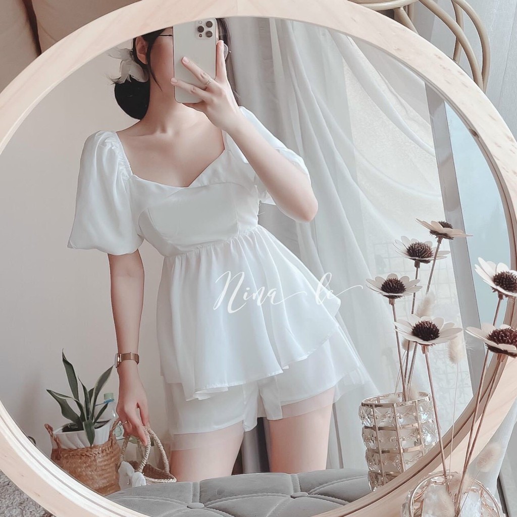 Set bộ đùi nữ áo cổ vuông đắp vạt ngực tay búp tinh khôi