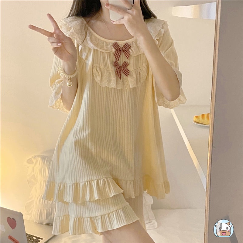 Bộ Đồ Ngủ Phối Ren Thắt Nơ Ngọt Ngào Thời Trang Mùa Hè Cho Nữ