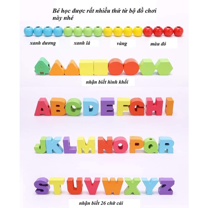 Xâu hạt gỗ 75 chi tiết giúp bé phát triển kỹ năng kiên nhẫn, làm quen với các con số bảng chứ cái, phép toán đơn giản