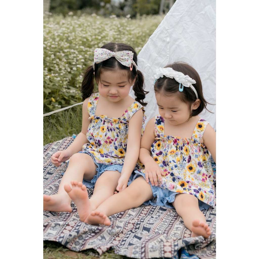 Bộ 2 dây chất vải áo thô quần bò mềm mịn mặc hè thoáng mát cho bé gái từ 1,2,3,4,5 tuổi