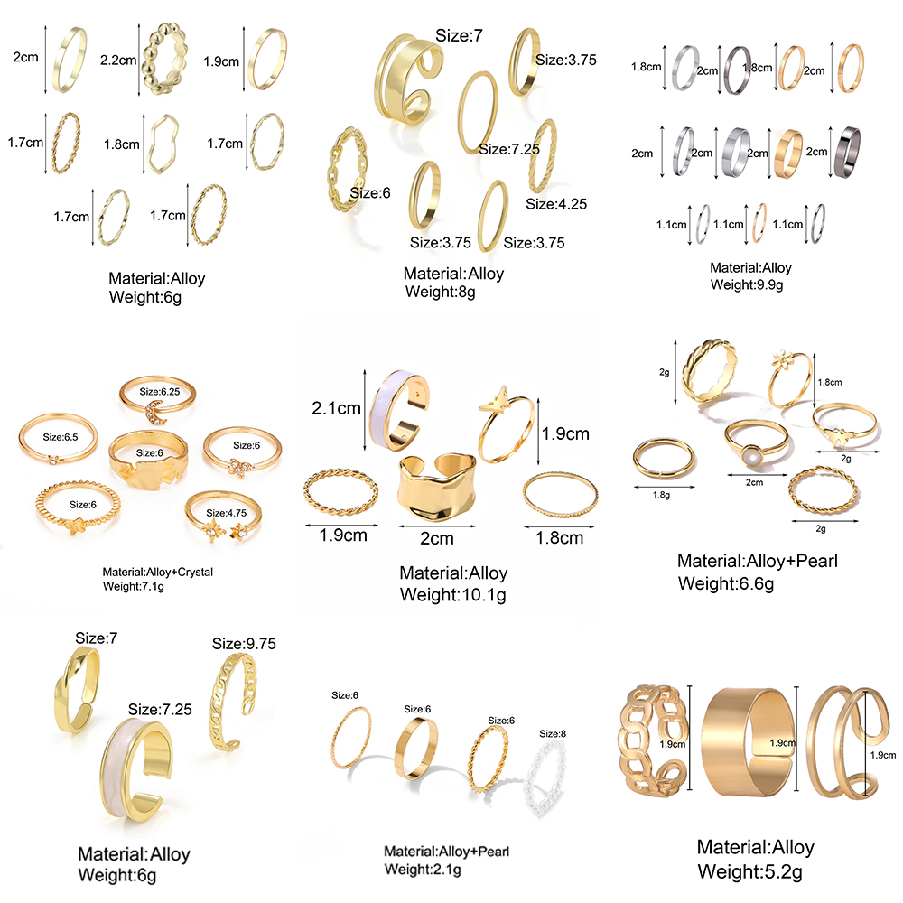 Set nhẫn kim loại màu vàng bạc kiểu bướm đính ngọc trai giả phong cách Hàn Quốc thời trang dành cho nữ