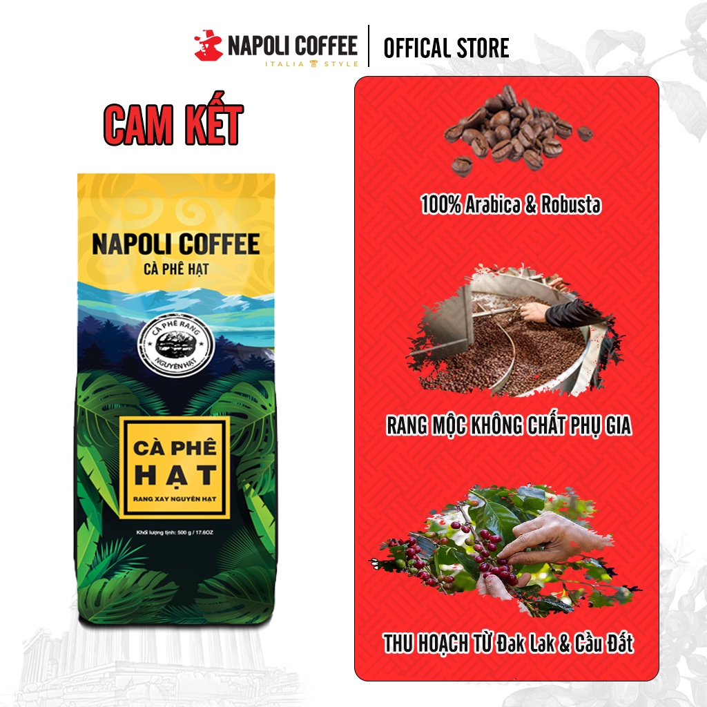 Cà Phê Hạt Robusta/Arabica SẠCH Pha Máy Napoli Coffee Túi 500g Vị Đắng Chát Nguyên Bản Hậu Ngọt