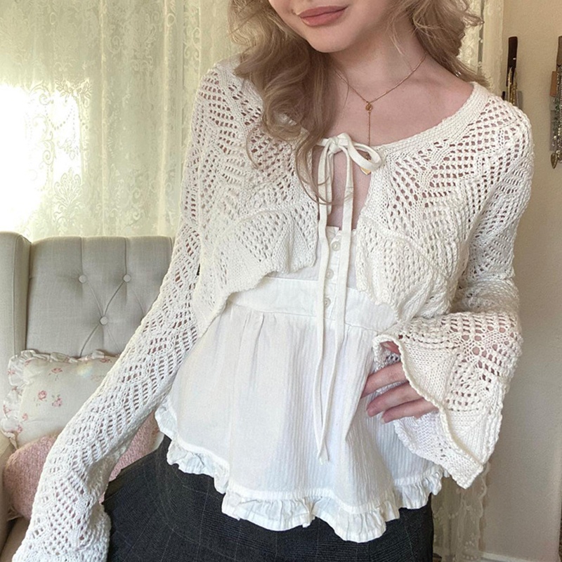 Áo Croptop Dệt Kim Tay Loe Cột Dây Phía Trước Quyến Rũ Cho Nữ