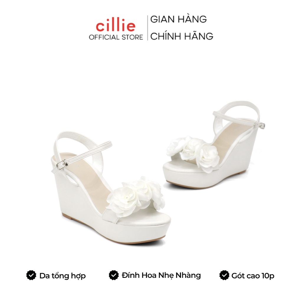 Giày Sandal Đế Xuồng Cô Dâu Cillie Giày Cưới Trắng Đính Bông 10p Chắc Chắn 1134