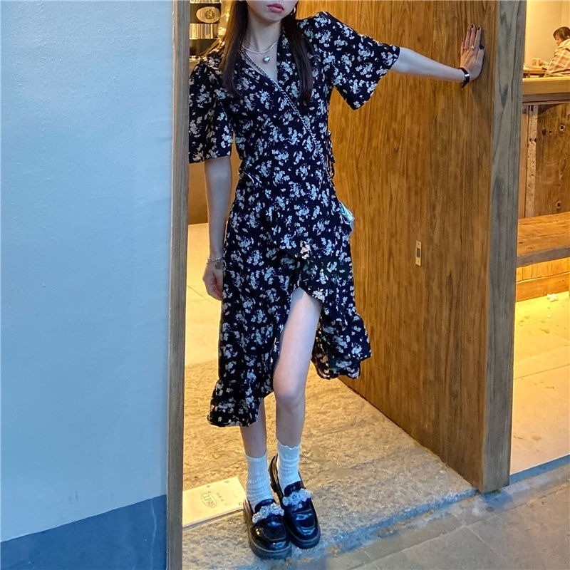 Đầm Tay Ngắn Eo Cao In Họa Tiết Hoa Phong Cách Hàn Quốc Thời Trang Mùa Hè