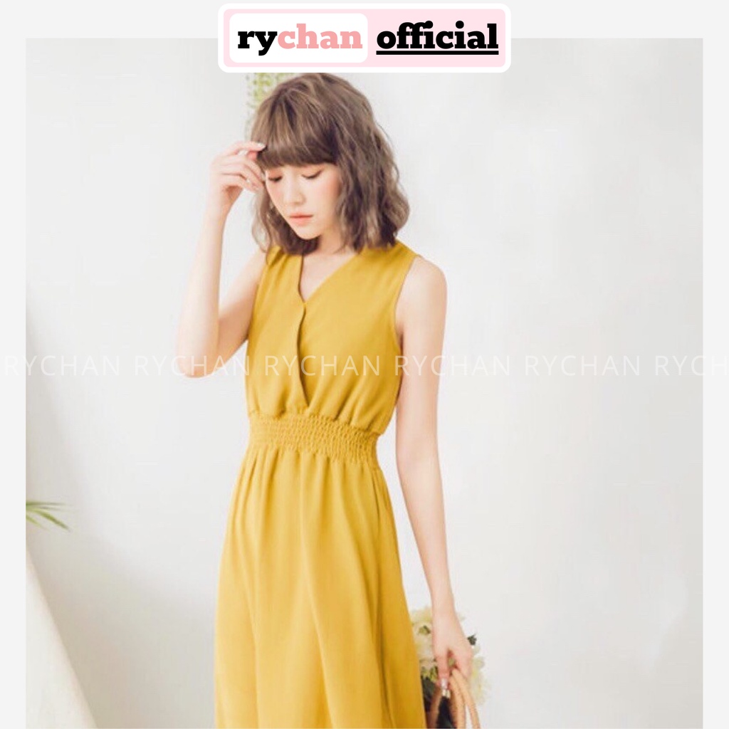 [ẢNH THẬT CUỐI] DM788 - Đầm Maxi Vàng Sát Nách Cổ V Nhún Eo