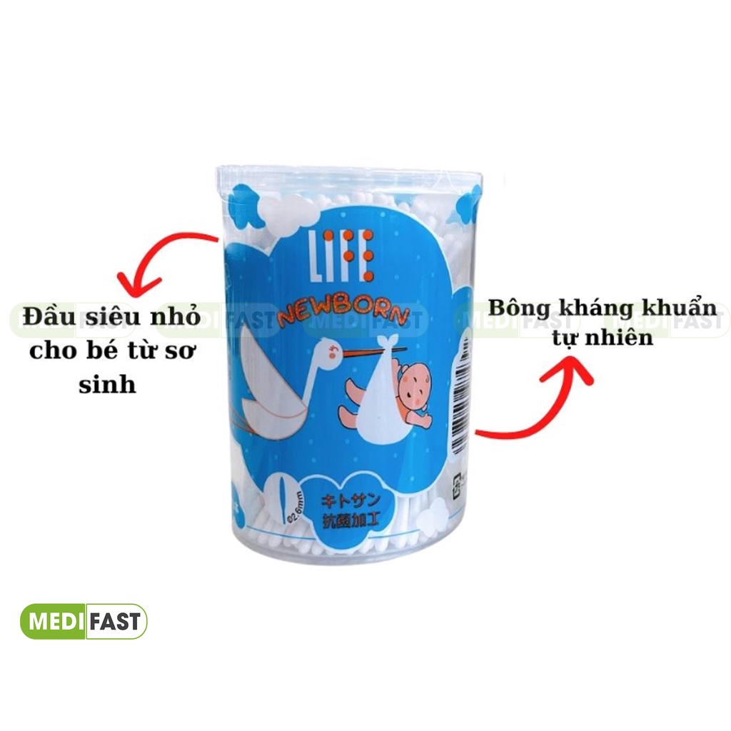 Tăm bông cho trẻ sơ sinh Life Newborn thân giấy công nghệ Nhật Bản hộp 200 que an toàn vệ sinh cho bé