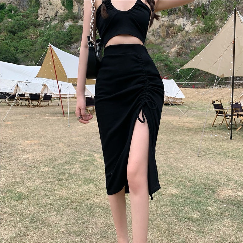 Chân váy COZOKC lưng cao phối dây rút xếp ly thiết kế lệch tà