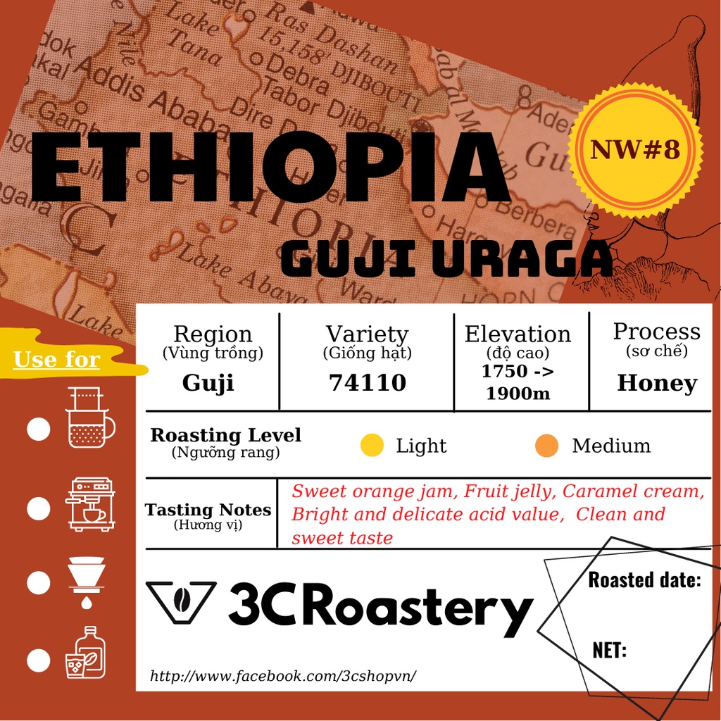Cà phê Arabica nhập khẩu - Ethiopia vùng trồng Guji - Hương vị đậm đà, phù hợp espresso, cold brew, v60 - 3C Roastery