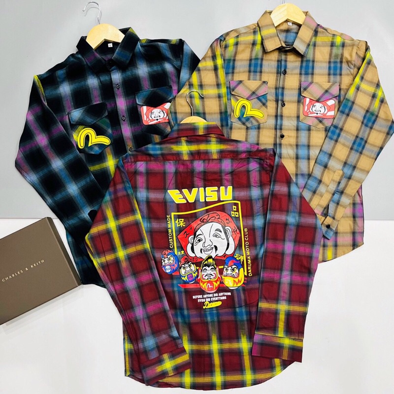 Áo sơ mi nam EVISU sọc caro loang màu tay dài HÀNG QUẢNG CHÂU chất liệu cotton mềm mại không phai màu không xù lông