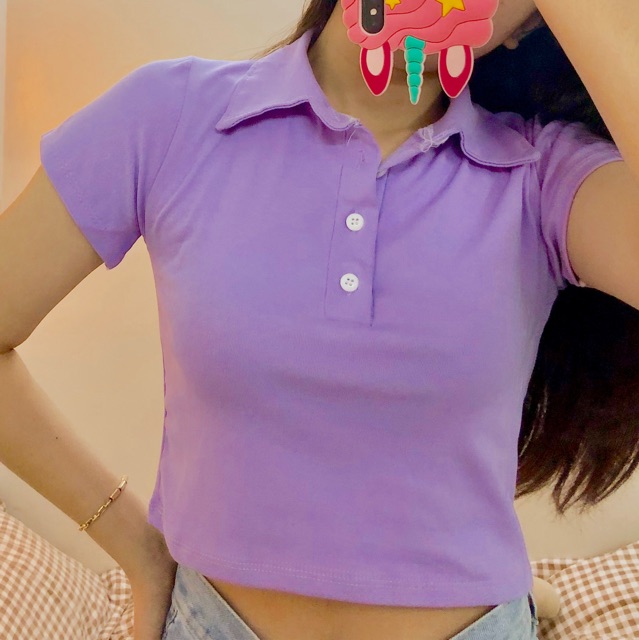 Áo croptop polo cổ trụ phối nút basic chất vải thun porip co giãn mềm mịn - Colory Shop